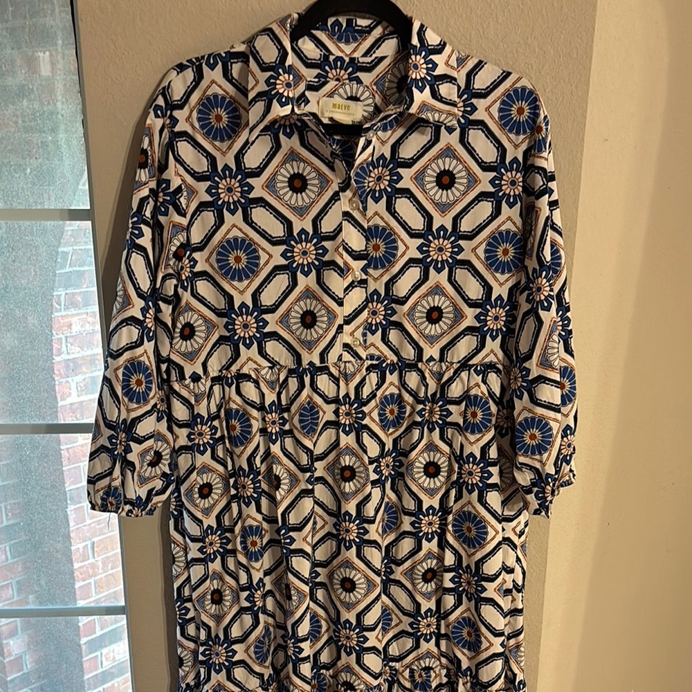 Anthropologie Blue and White Geometric Midi Dress